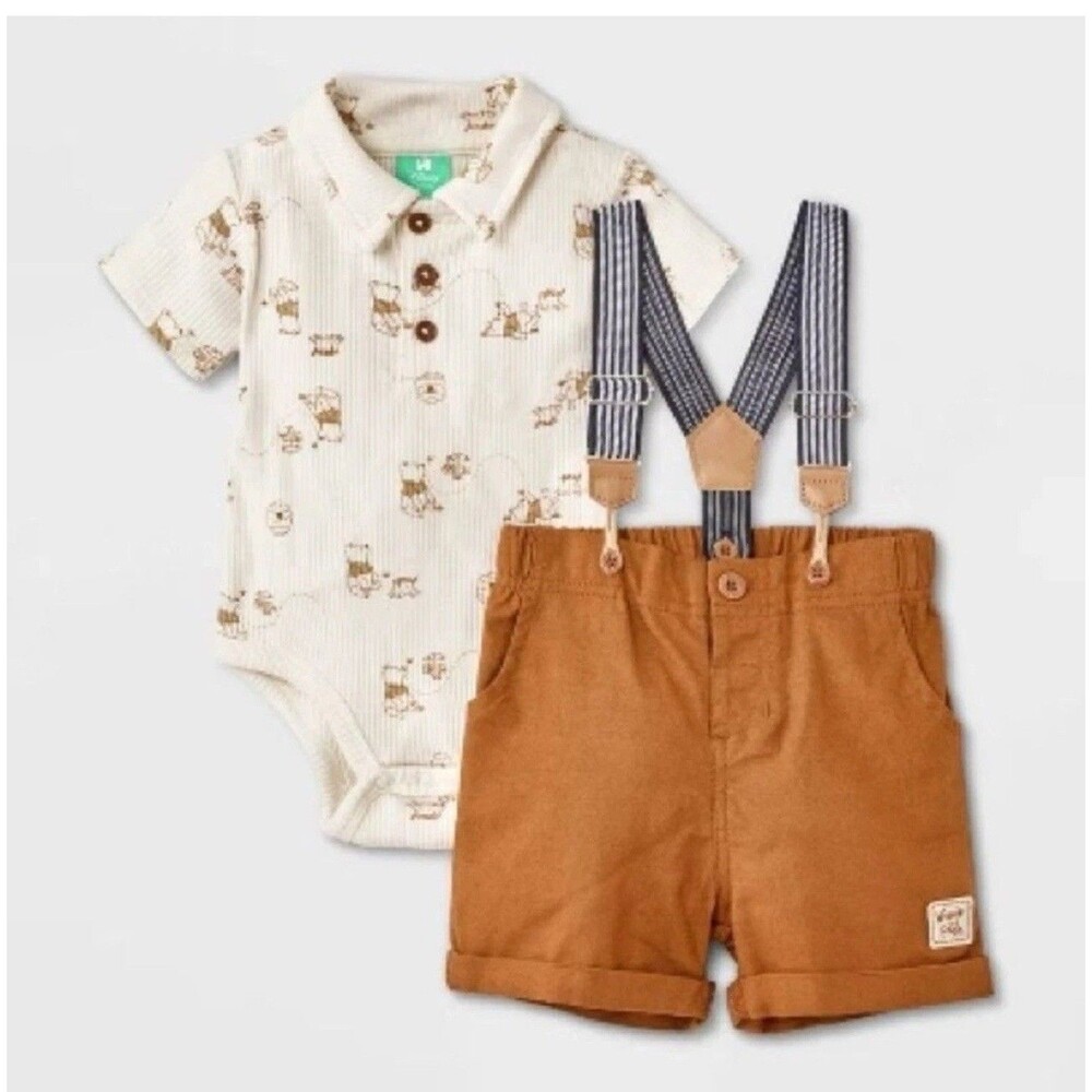 DISNEY Baby Boys' 2 Piece Winnie the Pooh Knit Polo & Suspender Shorts NB
